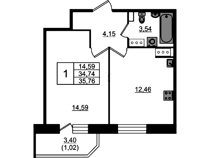 1-комнатная квартира 35.76 м², 21/23 эт., ЖК «Живи! В Рыбацком»